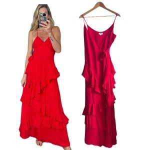 Revolve LPA Red 100% Silk Ruffle Spaghetti Strap Maxi Wrap V Neck Dress Gown